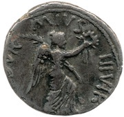 Denarius - Augustus M DVRMIVS IIIVIR; Victory, Rome, 19 BC - 4 BC reverse image