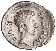 Denarius - Augustus and Julius Caesar M SANQVINIVS IIIVIR obverse image