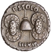 Denarius - Augustus P STOLO IIIVIR, Rome, 17 BC reverse image