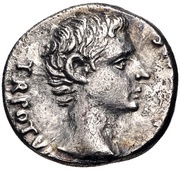 Denarius - Augustus L VINICIVS L F IIIVIRS P Q R IMP CAE QVOD V M S EX EA PQ IS AD A DE obverse image