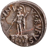 Denarius - Augustus L MESCINIVS RVFVS. S P Q R V PR RE CAES.; Mars, Rome, 16 BC reverse image