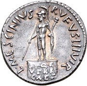 Denarius - Augustus L MESCINIVS RVFVS III VIR. S P Q R V PR RE CAES.; Mars, Rome, 16 BC reverse image