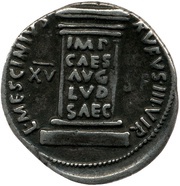 Denarius - Augustus L MESCINIVS RVFVS IIIVIR XV SF IMP CAES AVG LVD SAEC; Mars, Rome, 16 BC reverse image