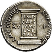 Denarius - Augustus L MESCINIVS RVFVS IIIVIR XV SFIMP CAES AVG LVD SAEC, Rome, 16 BC reverse image
