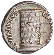 Denarius - Augustus L VINICIVS L F IIIVIR S P Q R IMP CAE QVOD V M S EX EA PQ IS AD A DE, Rome, 16 BC reverse image