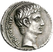 Denarius - Augustus C ANTISTI VETVS IIIVIR APOLLINI ACTIO; Apollo obverse image
