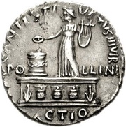 Denarius - Augustus C ANTISTI VETVS IIIVIR APOLLINI ACTIO; Apollo, Rome, 16 BC - 15 BC reverse image