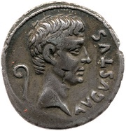 Denarius - Augustus and Agrippa C MARIVS C F TRO IIIVIR obverse image