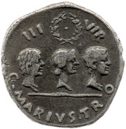 Denarius - Augustus, Julia the Elder, Gaius Caesar, and Lucius Caesar C MARIVS TRO IIIVIR, Rome, 13 BC reverse image