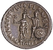 Denarius - Augustus L LENTVLVS FLAMEN MARTIALIS; Victory, Rome, 12 BC reverse image