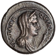 Denarius I O MAX CAPITOLINVS; Vesta and Jupiter obverse image