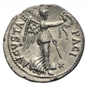 Denarius - Vespasian PACI AVGVSTAE; Victory, Rome, 74 reverse image