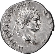Denarius - Titus PONTIF TR P COS V; Pax obverse image