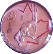 25 Cents - Elizabeth II Freestyle Skiing; colored, Canada, 2008 reverse image