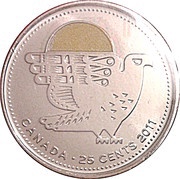 25 Cents - Elizabeth II Peregrine Falcon; colored, Canada, 2011 reverse image