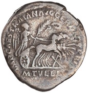 Denarius IMP CAES TRAIAN AVG GER DAC P P REST M TVLLI; Roma and Victory, Rome, 98-117 reverse image