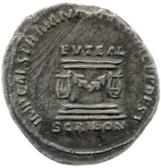 Denarius IMP CAES TRAIAN AVG GER DAC P P REST PVTEAL SCRIBON; Bonus Eventus, Rome, 98-117 reverse image