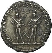 Denarius - Lucius Servius Sulpicius Rufus IMP CAES TRAIAN AVG GER DAC P P REST; Castor and Pollux, Rome, 98-117 reverse image