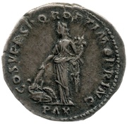 Denarius - Trajan COS V P P S P Q R OPTIMO PRINC PAX; Pax, Rome, 103-111 reverse image
