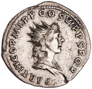 Denarius - Trajan PARTHICO P M TR P COS VI P P S P Q R; Sol, Rome, 114 reverse image