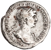 Denarius - Trajan P M TR P COS VI P P S P Q R; Virtus obverse image