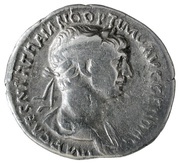 Denarius - Trajan P M TR P COS VI P P S P Q R; Virtus obverse image