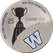 25 Cents - Elizabeth II Grey Cup History; Winnipeg Blue Bombers, Canada, 2012 reverse image