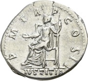 Denarius - Hadrian P M TR P COS IIIVSTITIA; Justitia, Rome, 117 reverse image