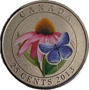 25 Cents - Elizabeth II Purple Coneflower and Eastern Tailed Blue, Canada, 2013 reverse image