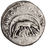 Denarius - Antoninus Pius TR POT COS III; Romulus and Remus, Rome, 140-143 reverse image