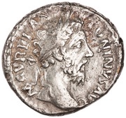 Denarius - Marcus Aurelius TR P XXXIII IMP X P P COS III IVSTITIA AVG; Justitia obverse image