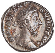 Denarius - Marcus Aurelius TR P XXXIIII IMP X COS III P P; Victory obverse image