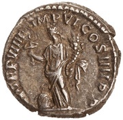 Denarius - Commodus P M TR P VIIII IMP VI COS IIII P P; Felicitas, Rome, 183-184 reverse image