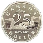 1 Dollar - Elizabeth II 4th portrait; 25th Anniversary of the Loonie - Fine Silver, Canada, 2012 reverse image