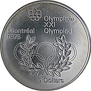 5 Dollars - Elizabeth II Olympic Rings and Wreath, Canada, 1974 reverse image