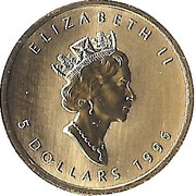 5 Dollars - Elizabeth II 3rd Portrait; 1/10 oz. Gold Bullion Coinage obverse image