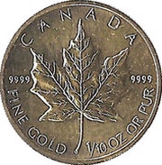 5 Dollars - Elizabeth II 3rd Portrait; 1/10 oz. Gold Bullion Coinage, Canada, 1990-2003 reverse image