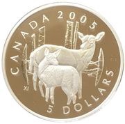 5 Dollars - Elizabeth II White-Tailed Deer and Fawen, Canada, 2005 reverse image