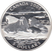 5 Dollars - Elizabeth II Walrus and calf, Canada, 2005 reverse image