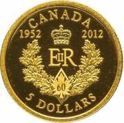 5 Dollars - Elizabeth II Royal Cypher; Gold, Canada, 2012 reverse image