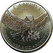 5 Dollars - Elizabeth II Great Horned Owl, Canada, 2015 reverse image