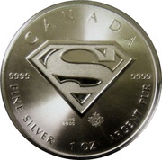 5 Dollars - Elizabeth II Superman S-Shield; 1 oz. Silver Bullion Coinage, Canada, 2016 reverse image
