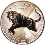 5 Dollars - Elizabeth II 1 oz. Silver Bullion Coinage; Cougar, Canada, 2016 reverse image