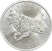 5 Dollars - Elizabeth II 1 oz. Silver Bullion Coinage; Wolf, Canada, 2018 reverse image