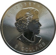 8 Dollars - Elizabeth II Maple Leaves; 1 1⁄2 oz. silver bullion coinage obverse image