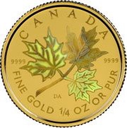 10 Dollars - Elizabeth II 3rd Portrait; ¼ oz. Gold Maple Hologram, Canada, 2001 reverse image