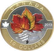 10 Dollars - Elizabeth II The Maple Leaf, selective gold plated, Canada, 2013 reverse image