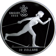20 Dollars - Elizabeth II Cross-country Skiing, Canada, 1986 reverse image