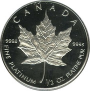 20 Dollars - Elizabeth II 2nd Portrait; ½ oz. Platinum Bullion Coinage, Canada, 1988-1989 reverse image