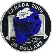 20 Dollars - Elizabeth II Toronto Maple Leafs Goalie Mask, Canada, 2009 reverse image